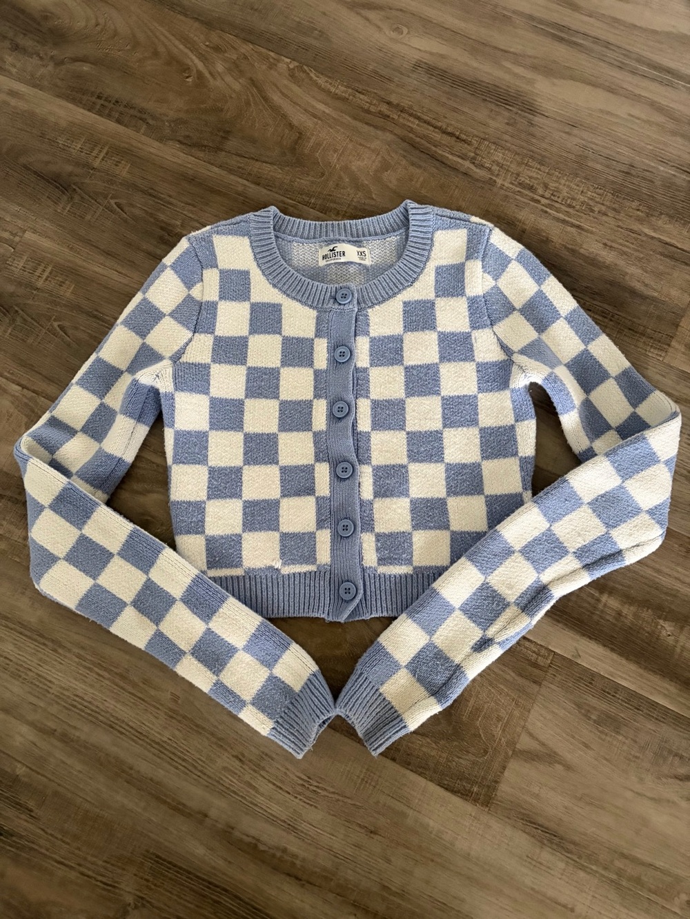 Checked Button-Front Sweater - Periwinkle Blue & White -XXS